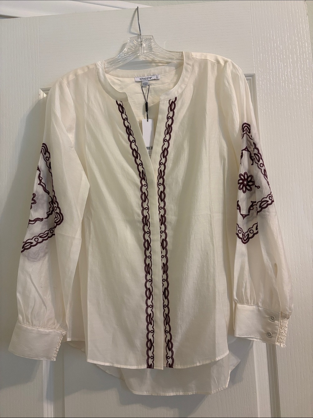 Chico's Cream Tunic Blouse with Maroon Embroidery